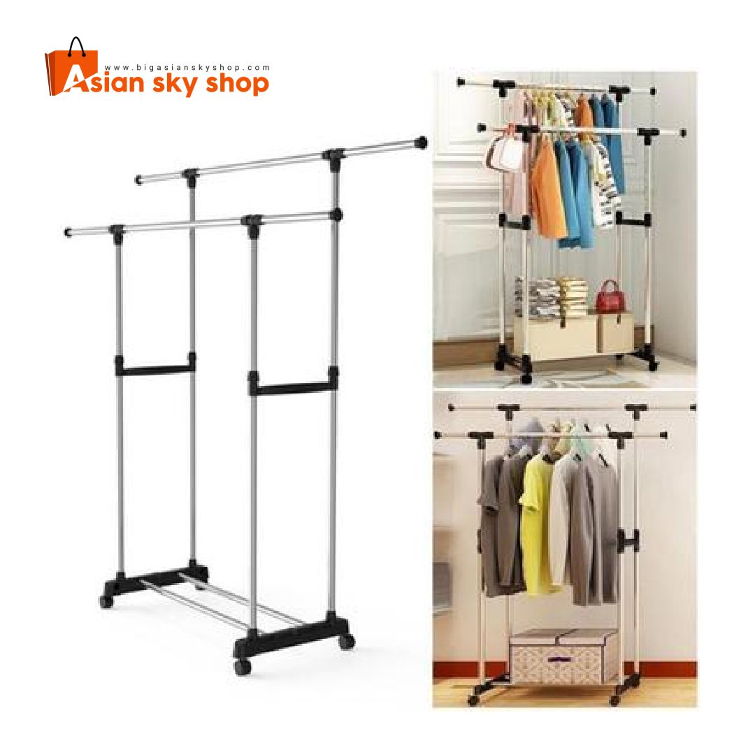 Double pole cloth drying rack heavy duty adjustable laundry stand