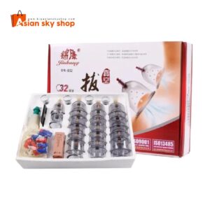 Close-up of 32 Hijama cupping therapy cups in different sizes