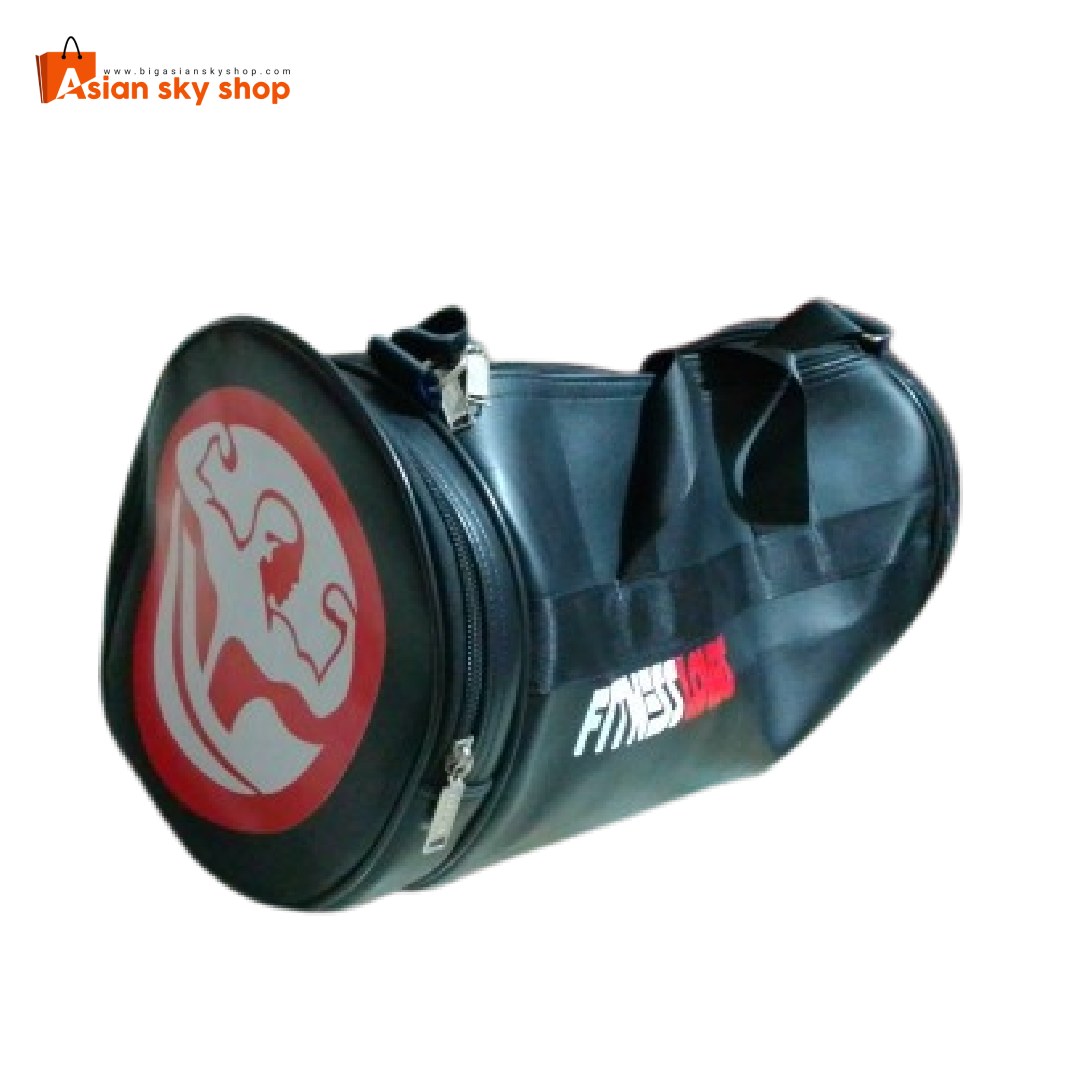 Leather sports gym bag in black and blue made of artificial leather for gym, fitness, travel, and outdoor use