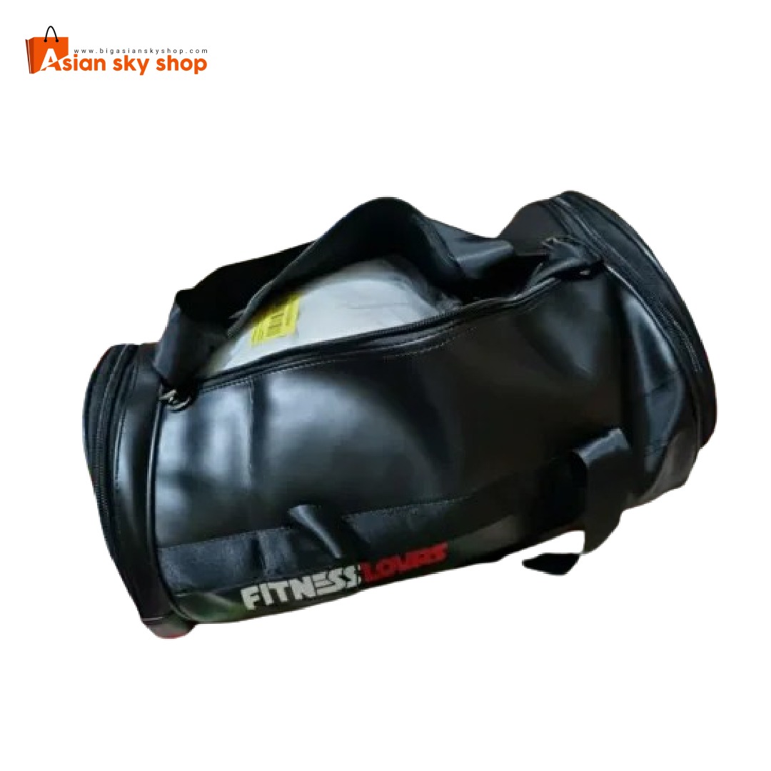 Leather sports gym bag in black and blue made of artificial leather for gym, fitness, travel, and outdoor use